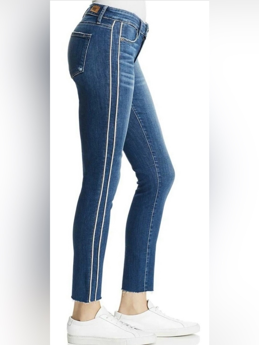 PAIGE Verdugo Piped Ankle Jeans Size 27 Indigo Ivory Stripe Raw Hem